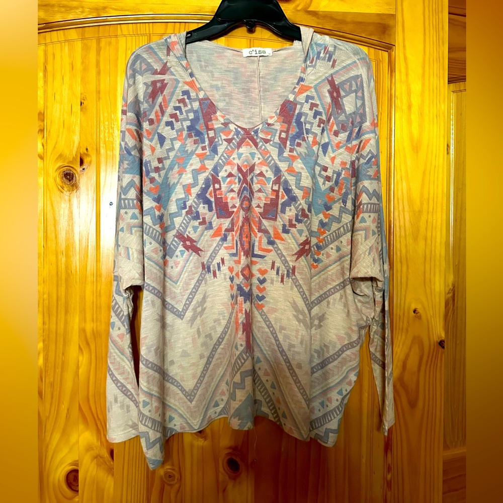 C’isa Lightweight Dolman Sleeve Western/Aztec Oatmeal Color Hoodie Size Medium